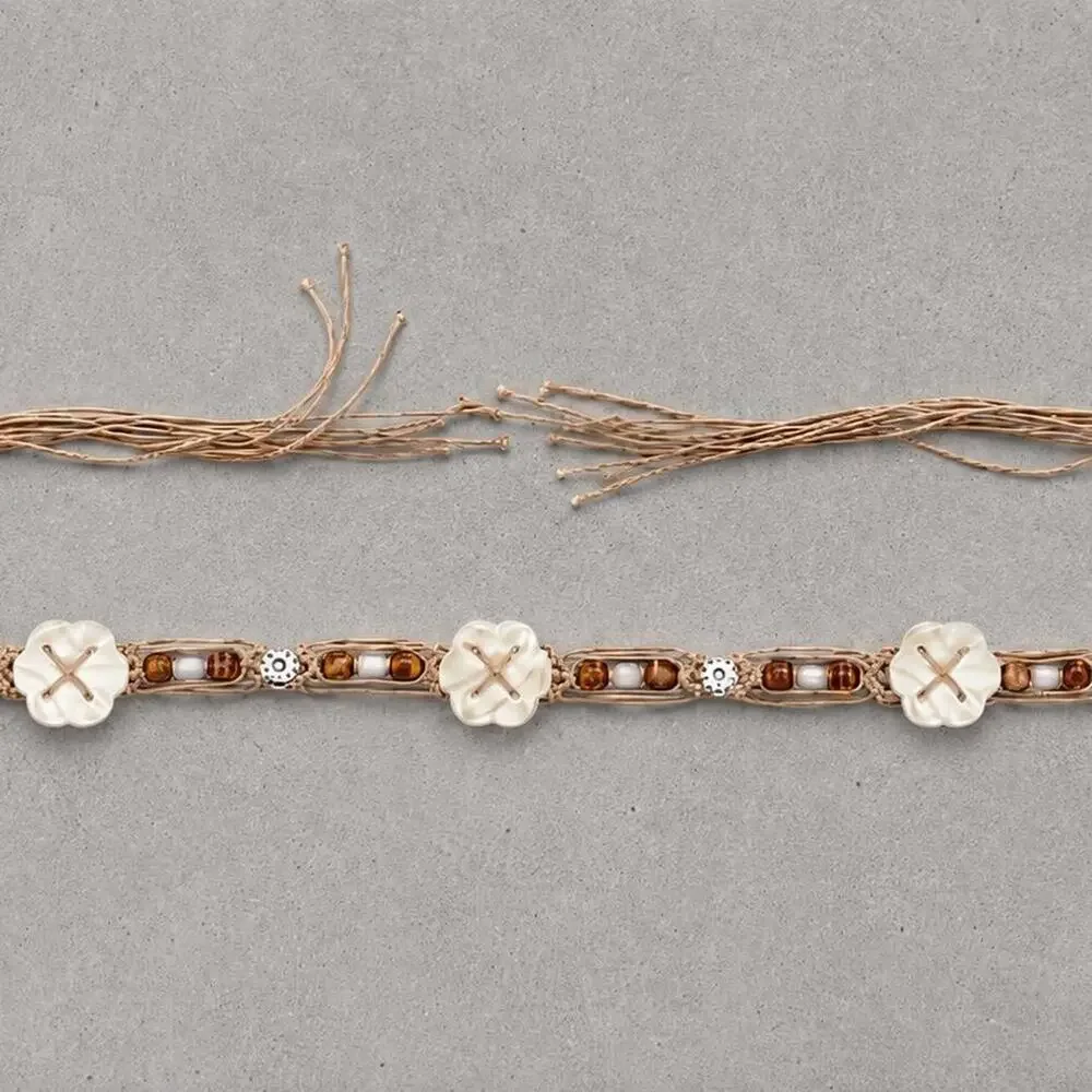 Vintage Boho Braided Cord Belt Shell Floral Accents Adjustable